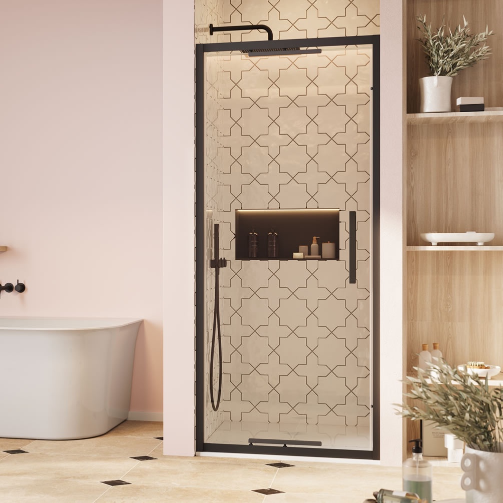 Lifestyle image of Crosswater Asura 8 Matt Black 900mm Infold Shower Door